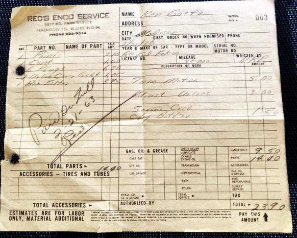 Actual receipt of the original bill. It reveals that the entire complex job cost only $23.90 1963 dollars